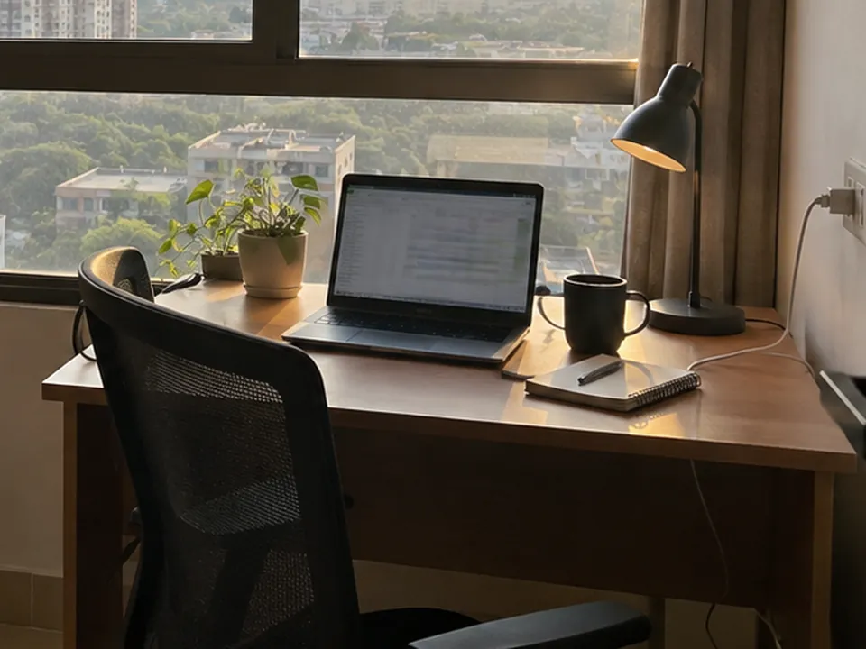 Work desk by the window in a 2 BHK second bedroom, with a laptop, desk lamp and a plug point within reach