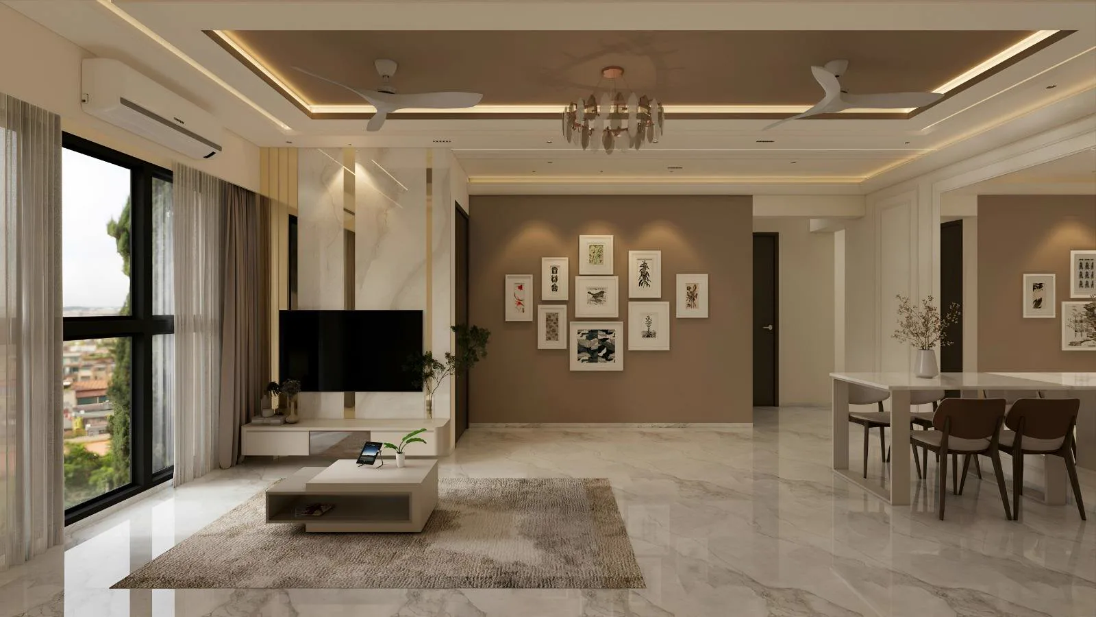 Living and dining area in a 3 BHK flat for sale in Hyderabad