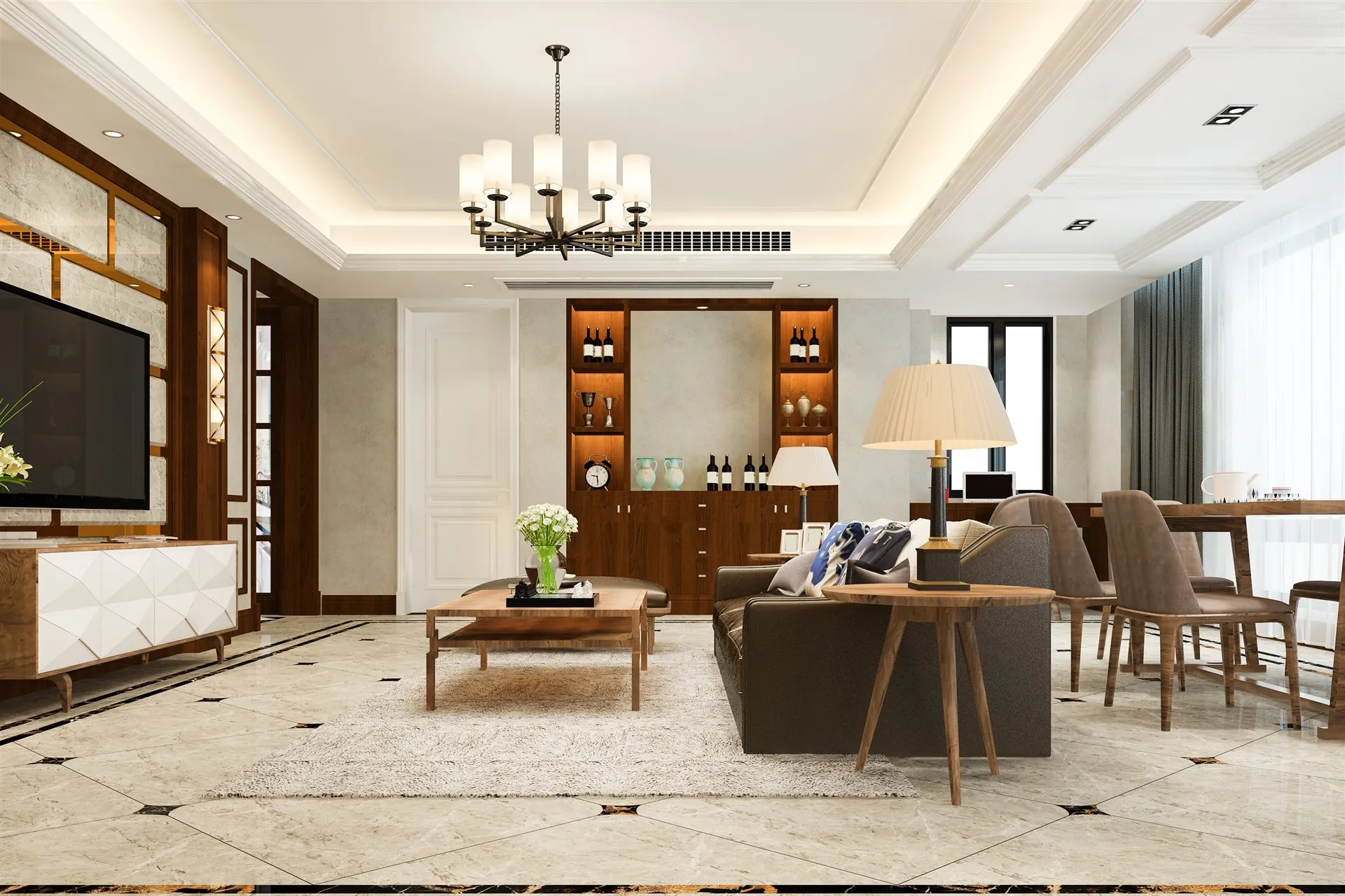 Contemporary dining and living area in a premium 4 BHK flat in Hyderabad