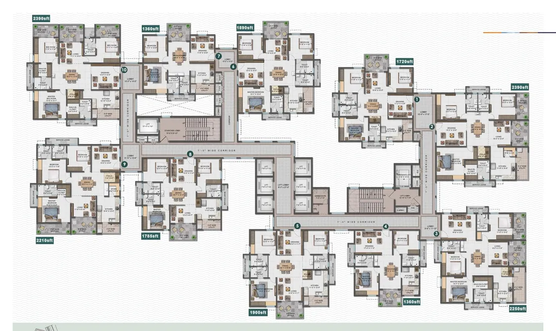 Anvita Ivana typical floor plan with 1,360 sq ft 2 BHK flats, Kollur