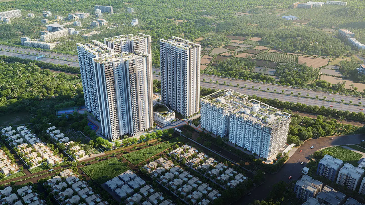 Aerial view of Anvita Ivana towers surrounded by Kollur's green landscape, Hyderabad