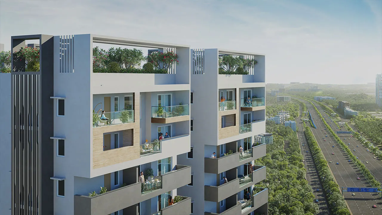 Anvita Ivana tower balconies overlooking the ORR, Kollur, Hyderabad