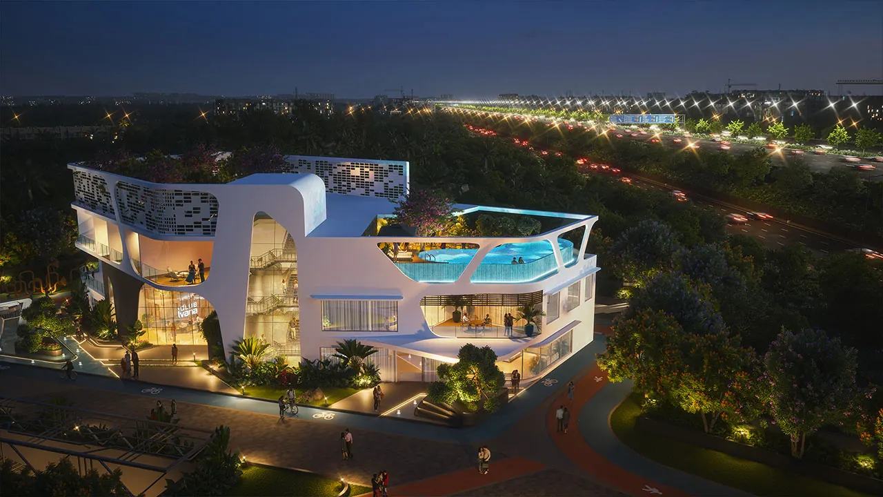 Anvita Ivana Clubhouse 2 exterior at night with rooftop pool, Kollur
