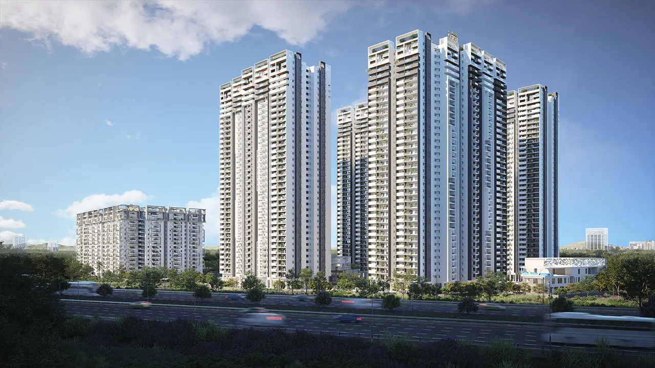 Anvita Ivana towers by day from the ORR, Kollur, Hyderabad