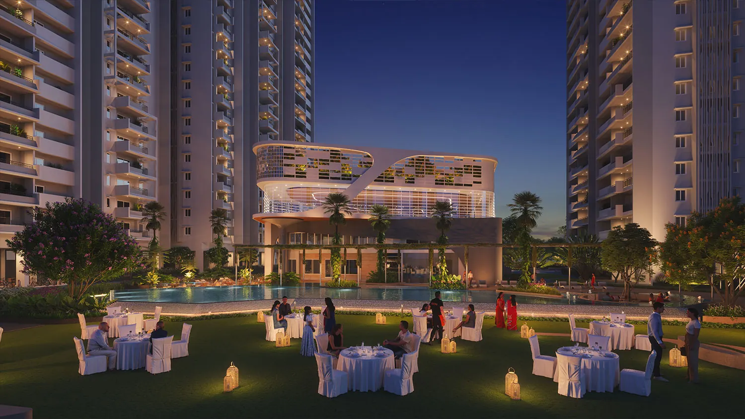 Anvita Ivana evening lawn event area with clubhouse and pool, Kollur