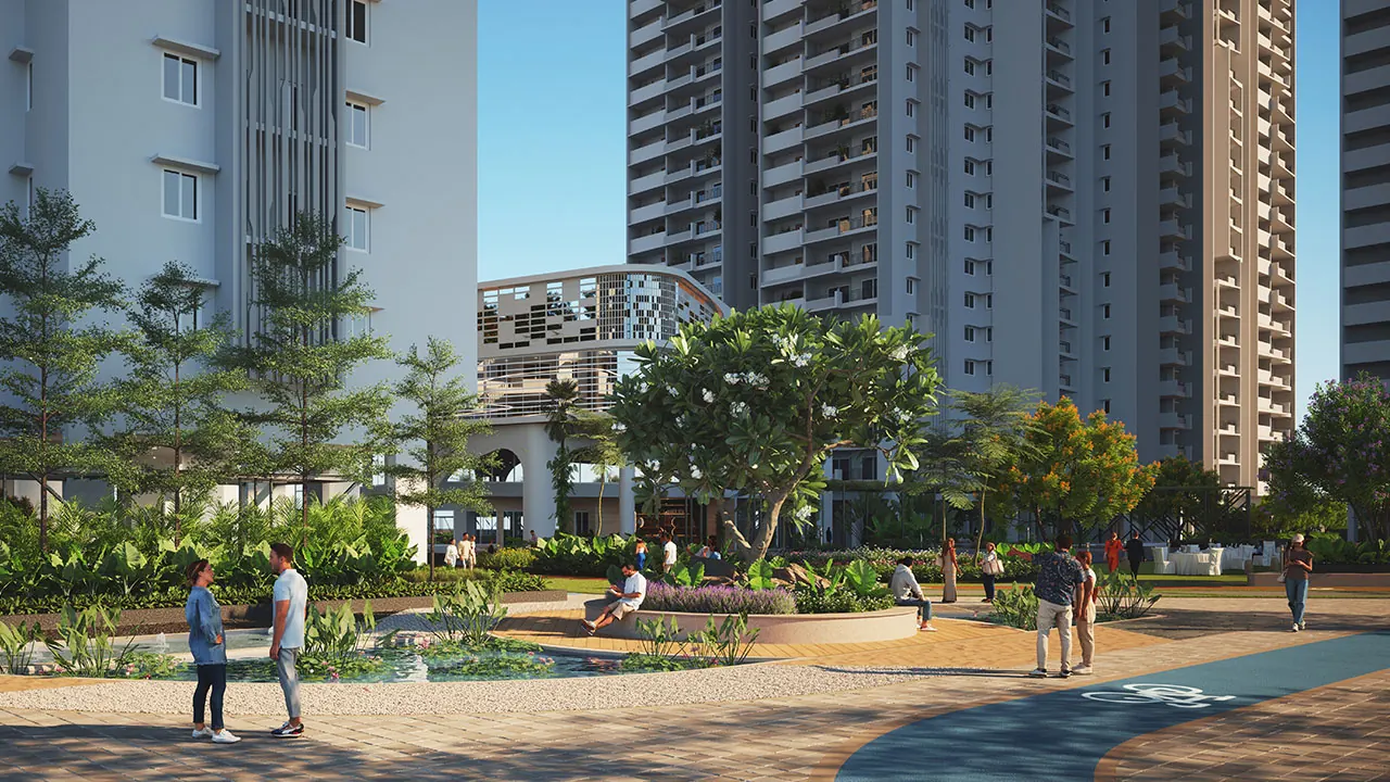 Anvita Ivana ground-level walkway with tower skybridge, Kollur