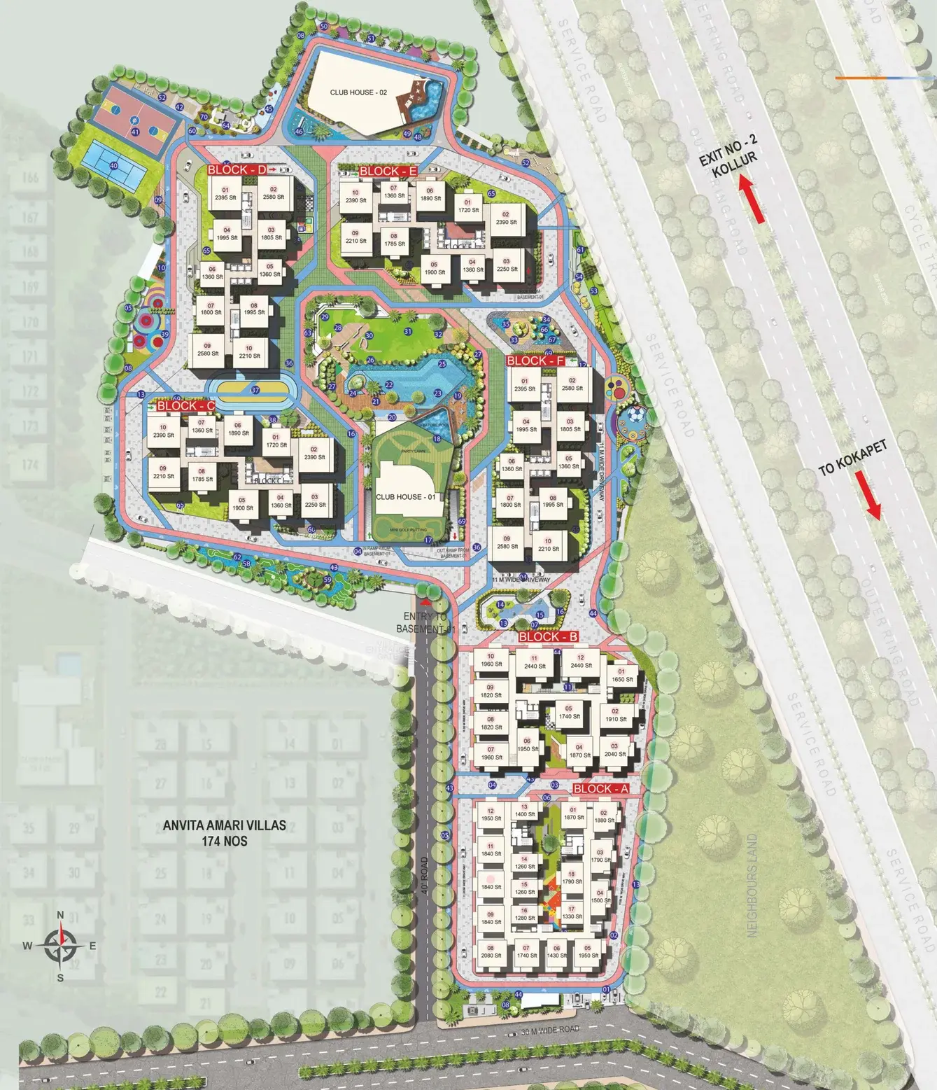 Anvita Ivana master plan showing Blocks A to F, two clubhouses and central park, Kollur