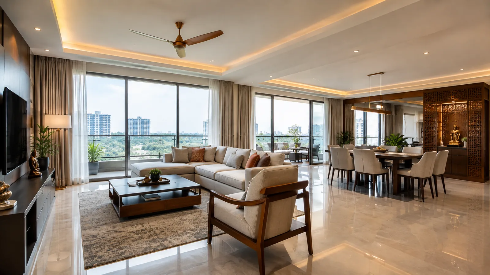 Illustrative living and dining interior for 3 BHK flats in Bandlaguda Jagir, not the actual unit