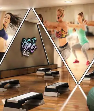 Aerobics and Zumba studio with step platforms in the Vaishnavi Houdini clubhouse