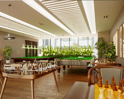 Indoor games lounge with pool tables and chess in the Vaishnavi Houdini clubhouse, Bandlaguda Jagir