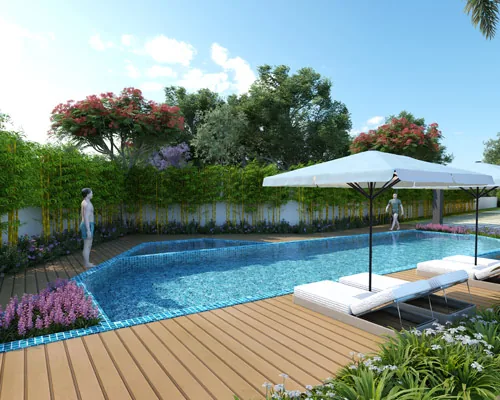 Swimming pool with sun deck at Vaishnavi Houdini gated community, Bandlaguda Jagir Hyderabad