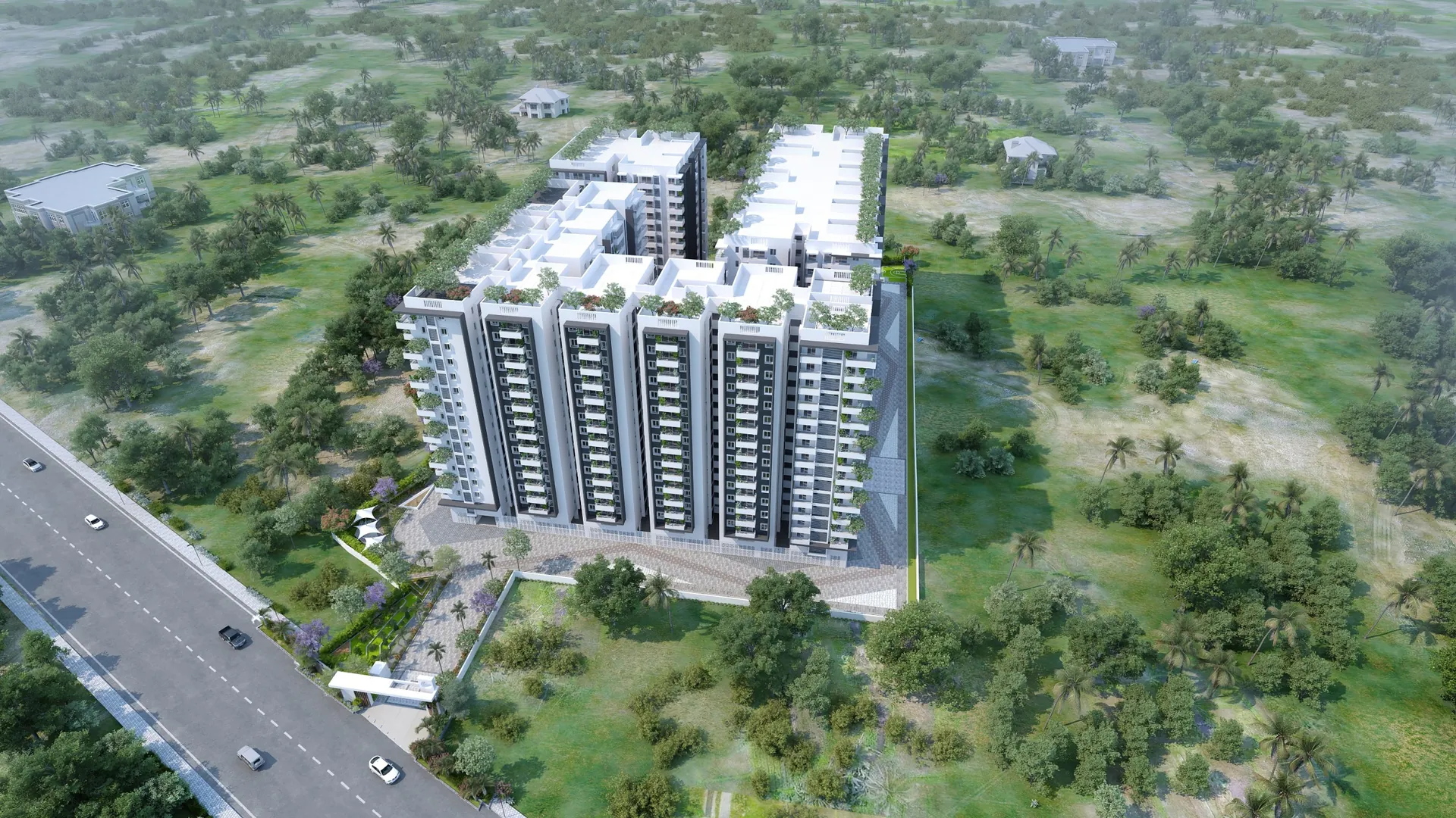 Aerial road-facing view of Vaishnavi Houdini gated community, flats for sale in Bandlaguda Jagir