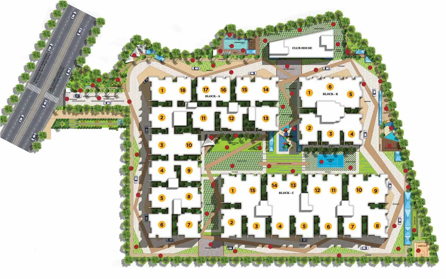 Vaishnavi Houdini master plan with Blocks A, B and C, clubhouse and pool, flats for sale in Bandlaguda Jagir