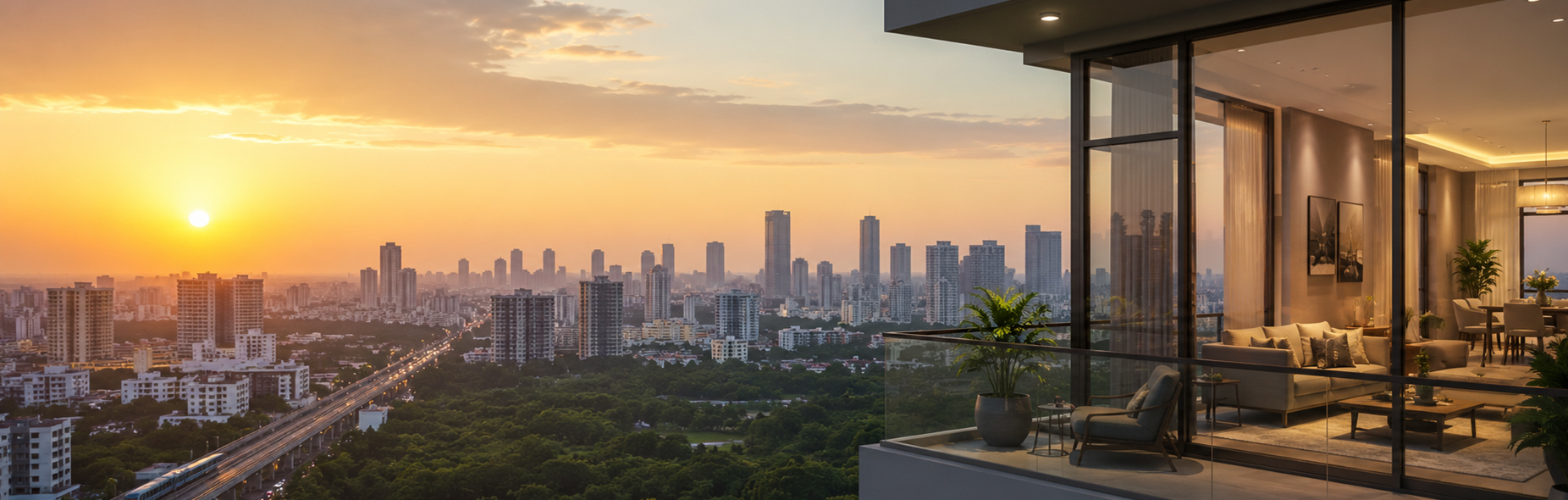 3 BHK apartment living room with panoramic city view in HITEC City Hyderabad gated community