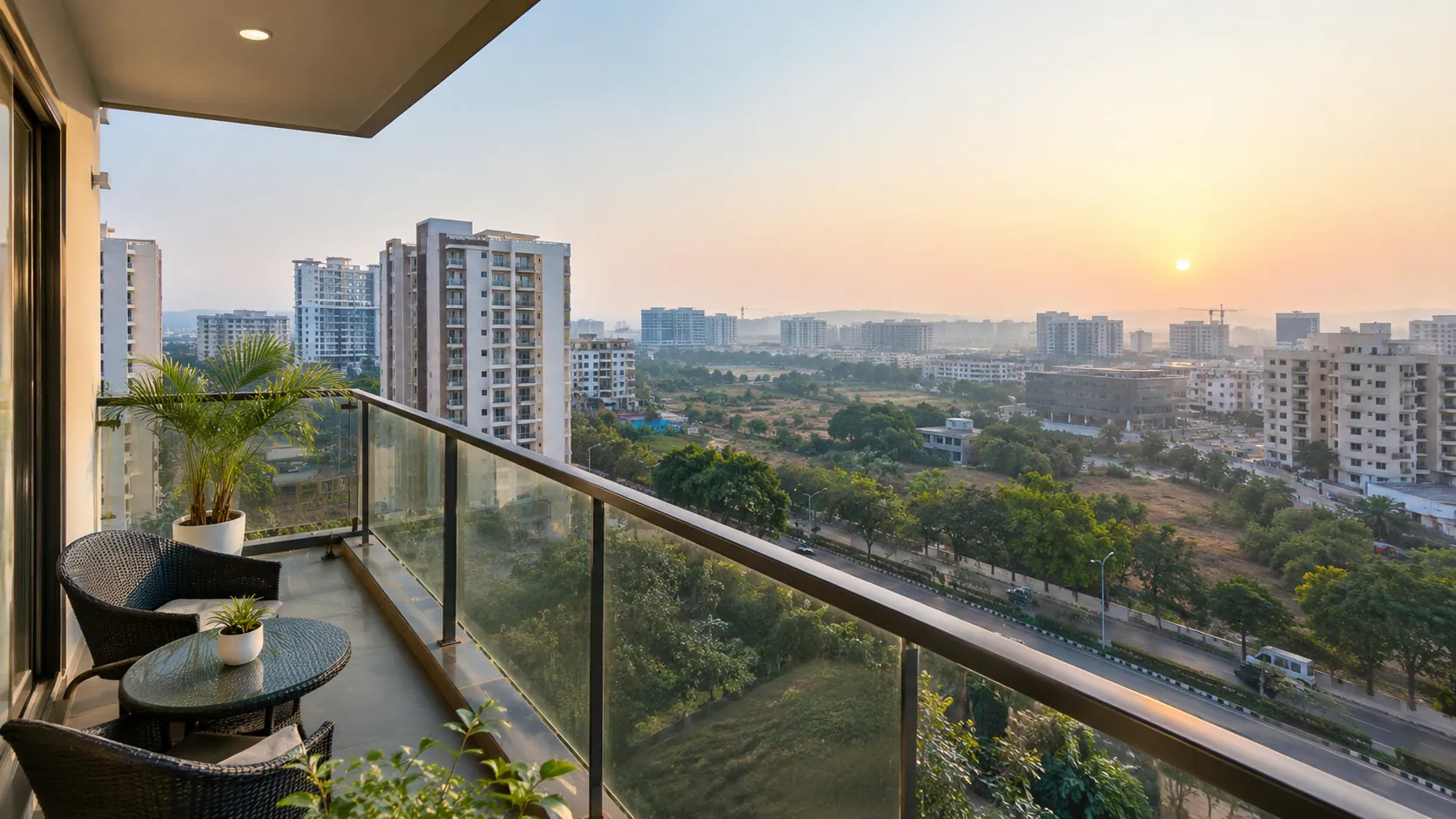Flats in Gachibowli Hyderabad, balcony sunset skyline view