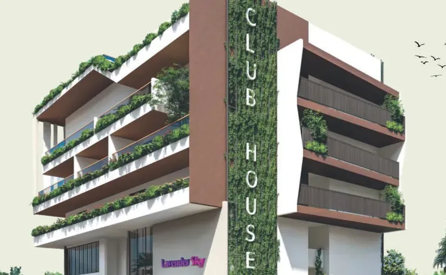 Lavender Sky clubhouse building with green terraces in Velimela, Kollur
