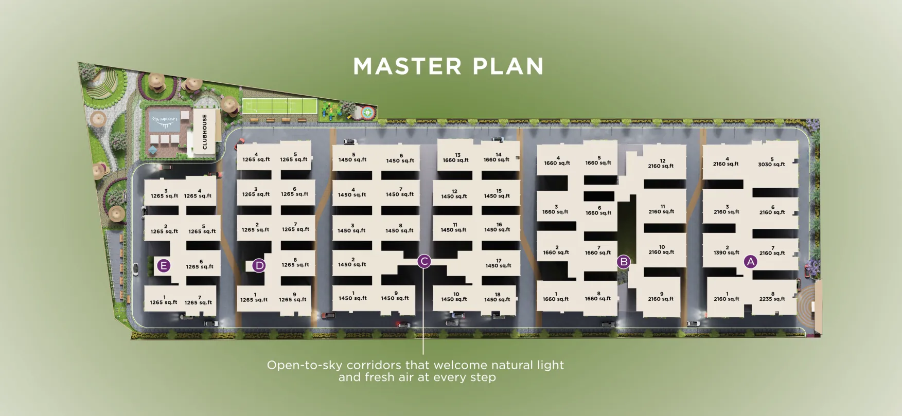 Lavender Sky five-block residential master plan with clubhouse and unit sizes