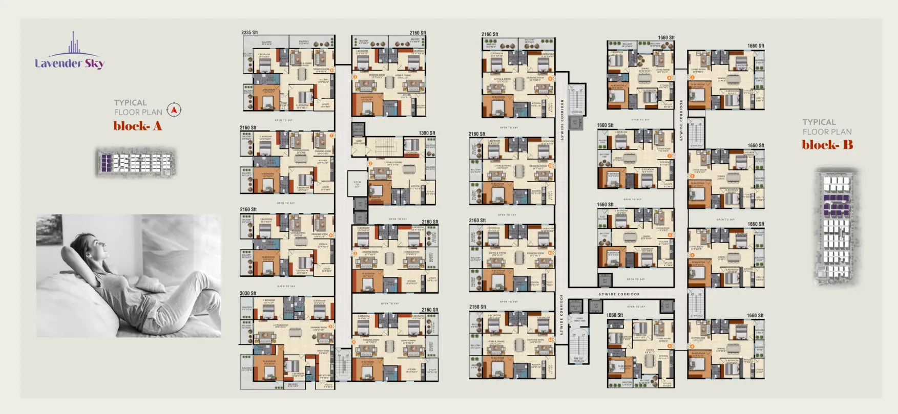 Lavender Sky 3 BHK and 4 BHK apartment floor plans, Blocks A and B