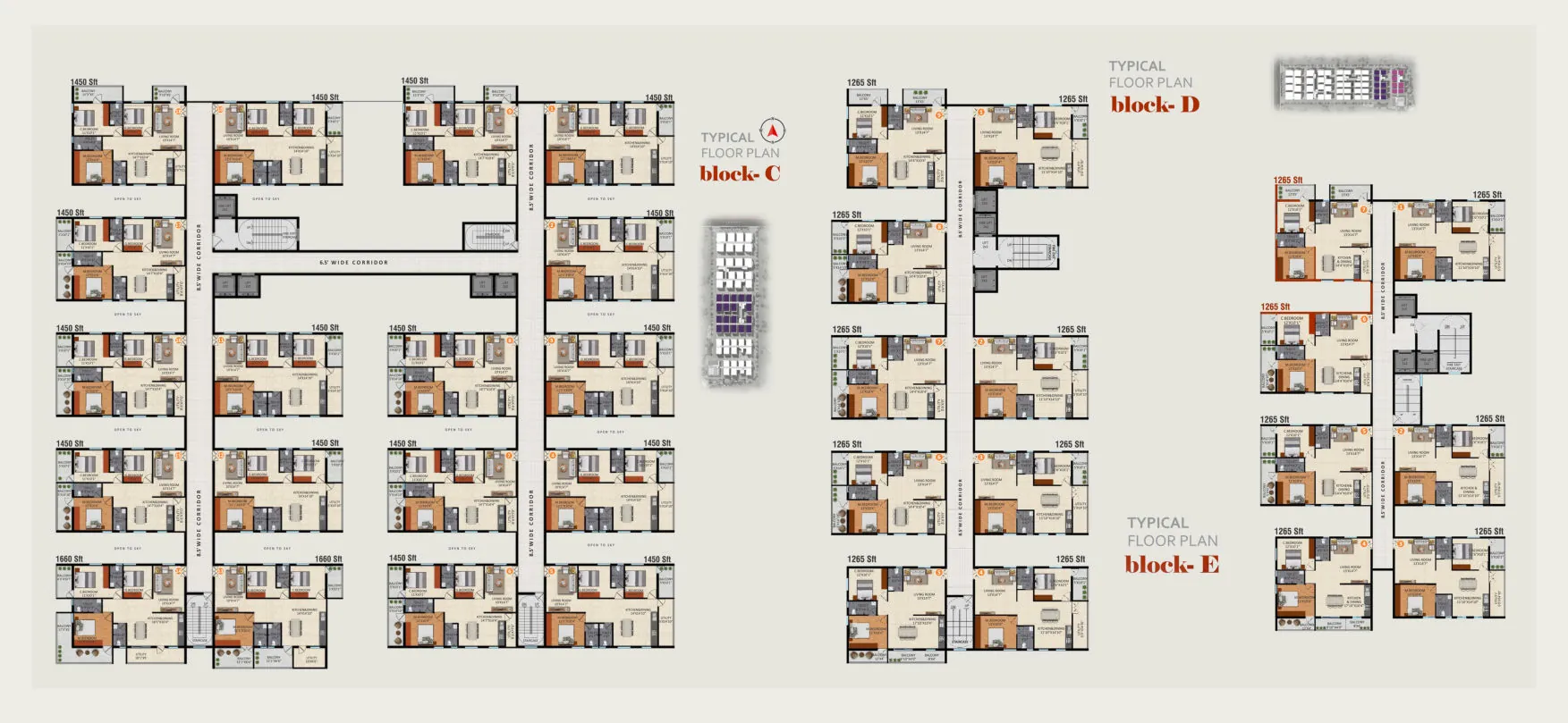 Lavender Sky 2 BHK and 3 BHK apartment floor plans, Blocks C, D and E