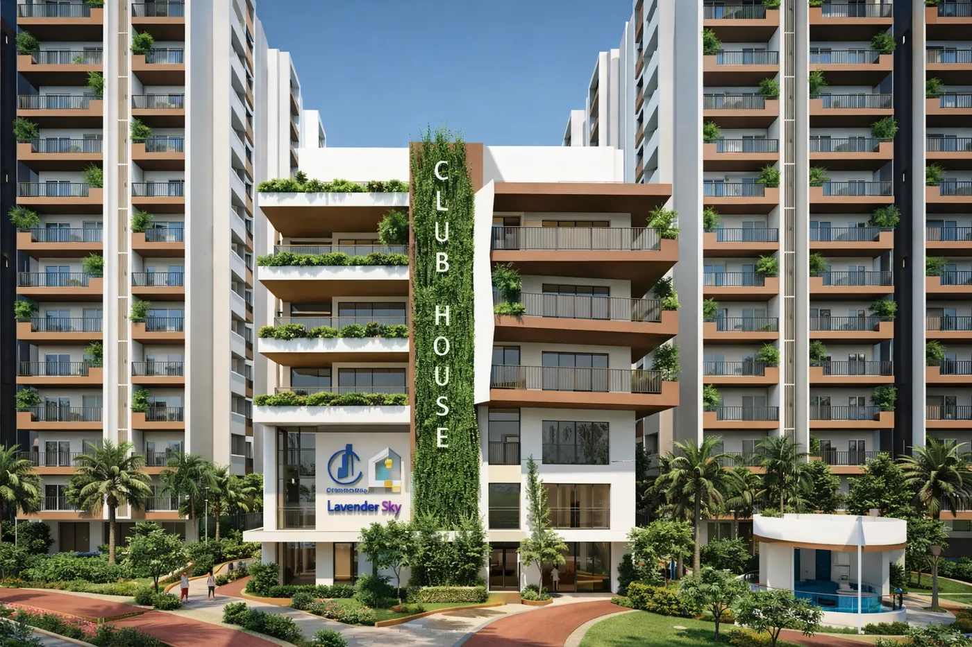 Lavender Sky 28,000 sq ft clubhouse with vertical garden facade between the towers
