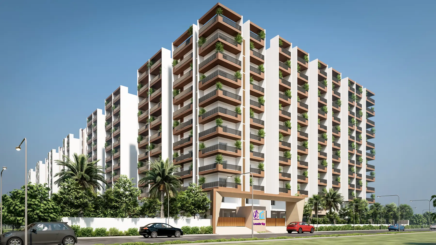 Lavender Sky Kollur towers and entrance in daylight