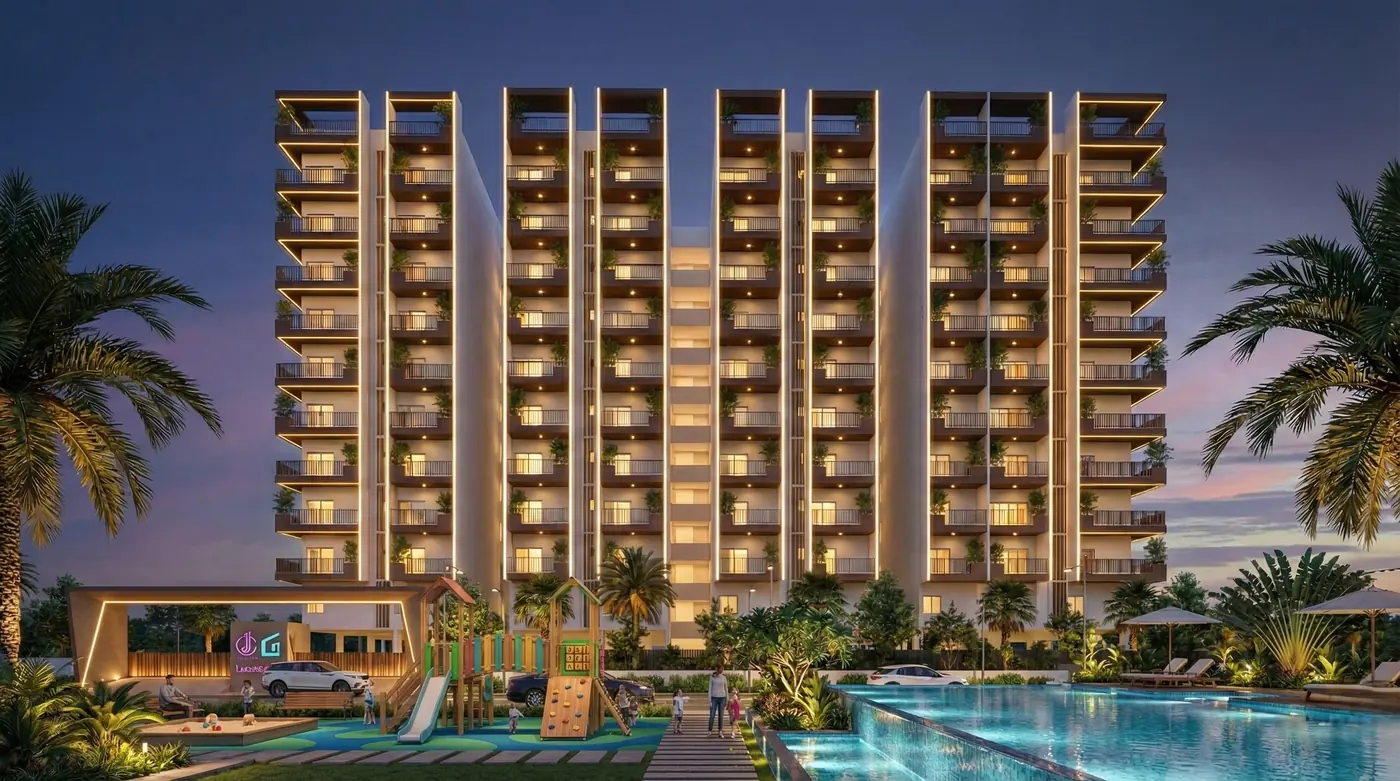 Lavender Sky Kollur towers at dusk with swimming pool and landscaped deck