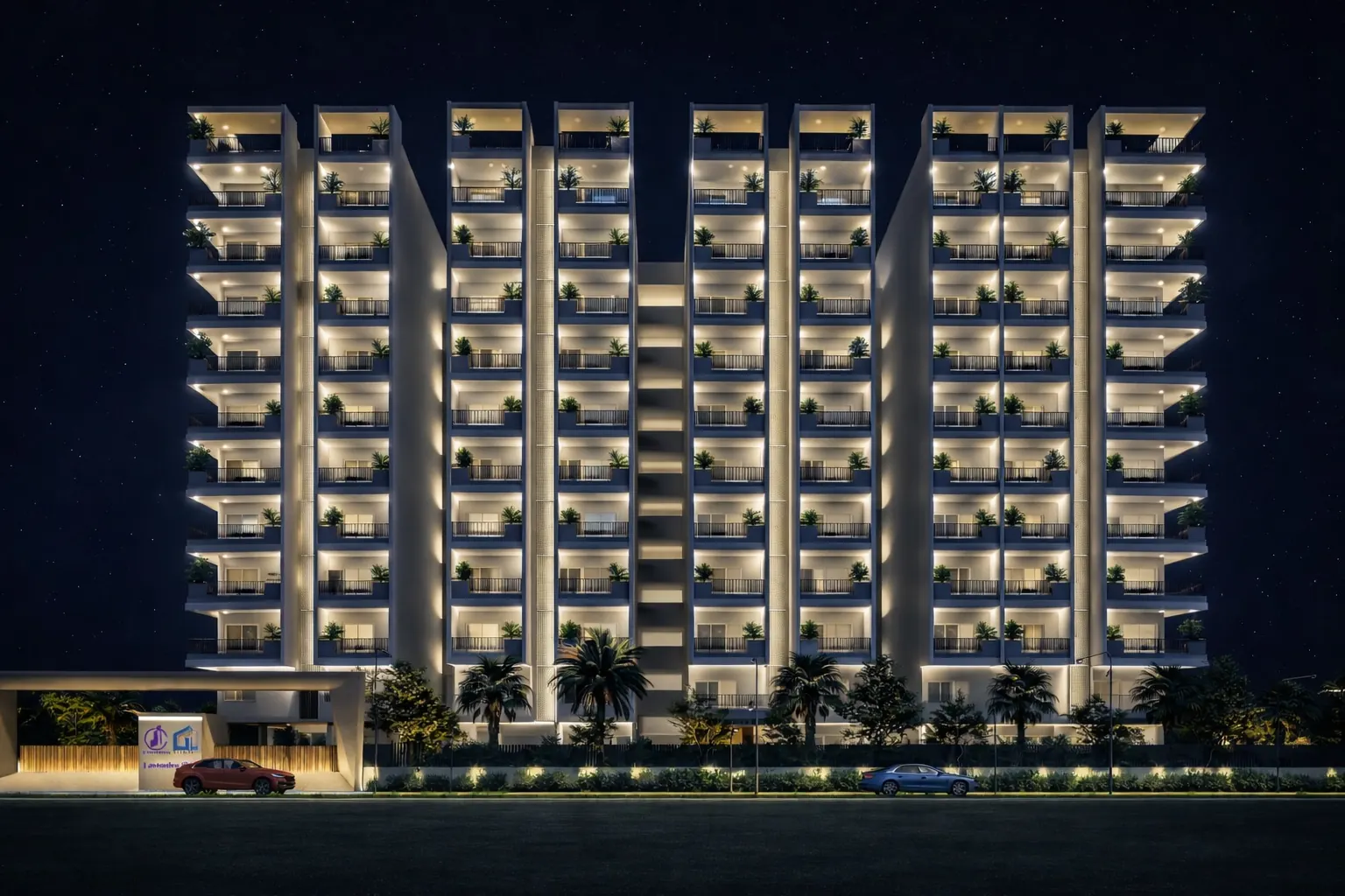 Lavender Sky Kollur tower facade lit up at night