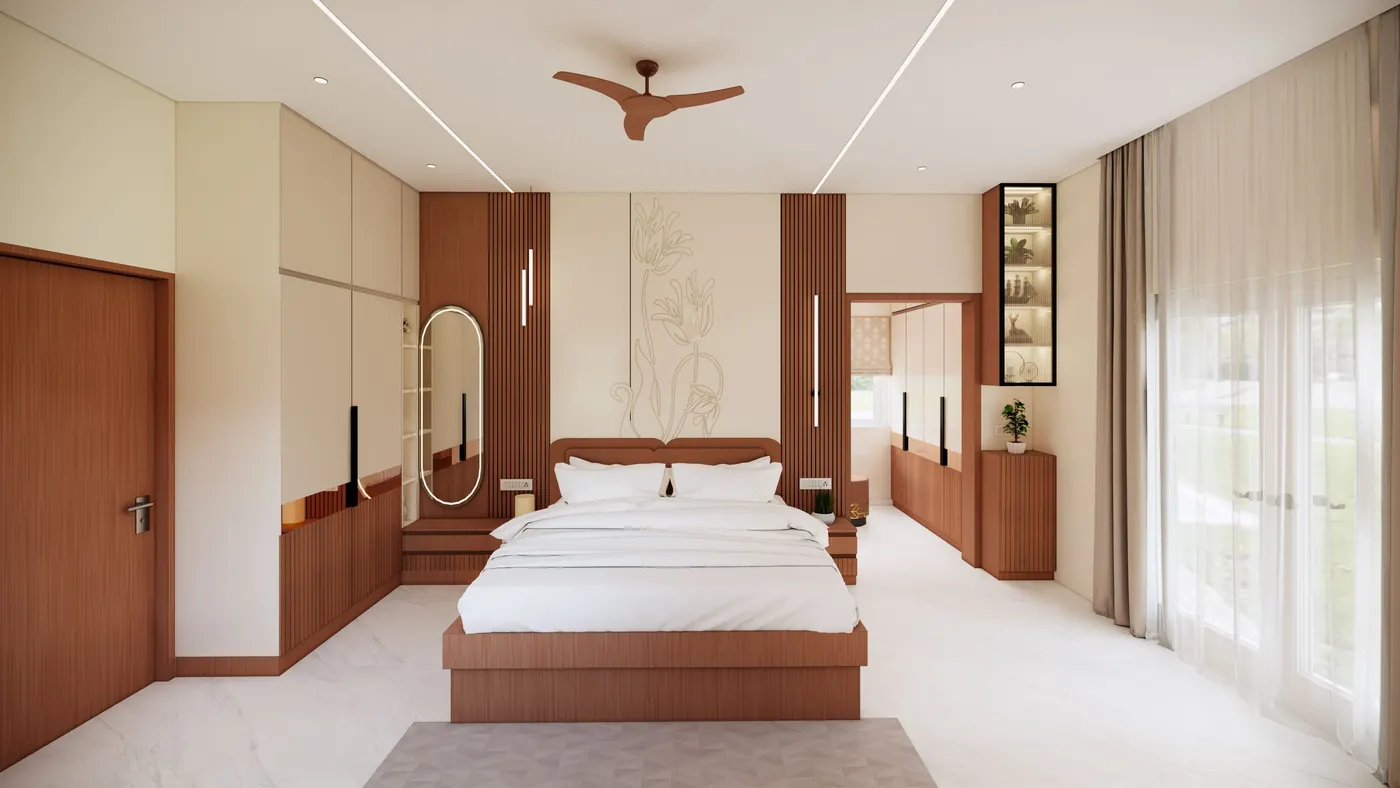 Master bedroom in a finished 4 BHK flat in Hyderabad with fitted wardrobes, a king-size bed and full-height windows
