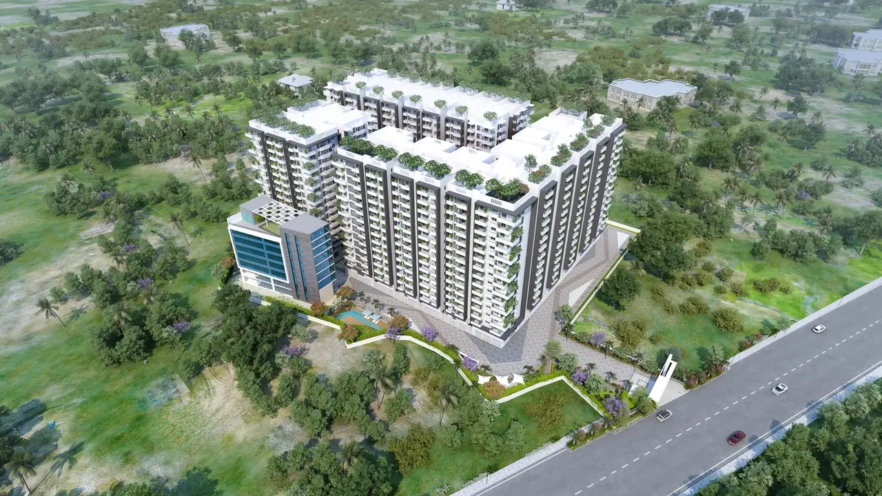 ORR access 2 BHK option: aerial view of Vaishnavi Houdini and its approach road, near ORR Exit 18