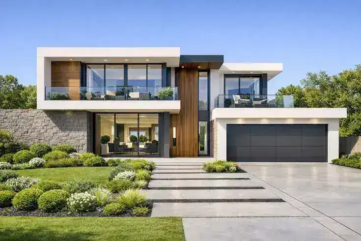 Modern two storey villa elevation with landscaped garden