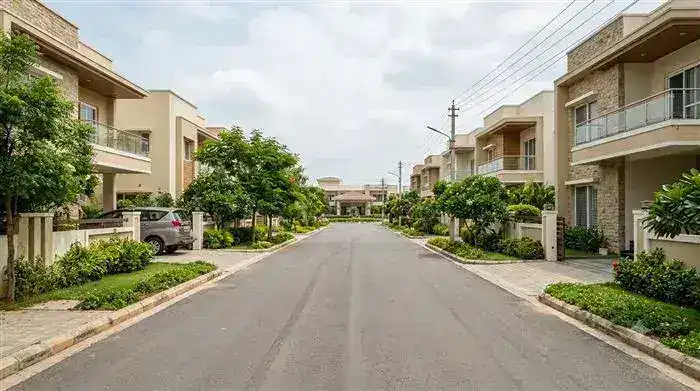 Tree lined villa community street in Hyderabad