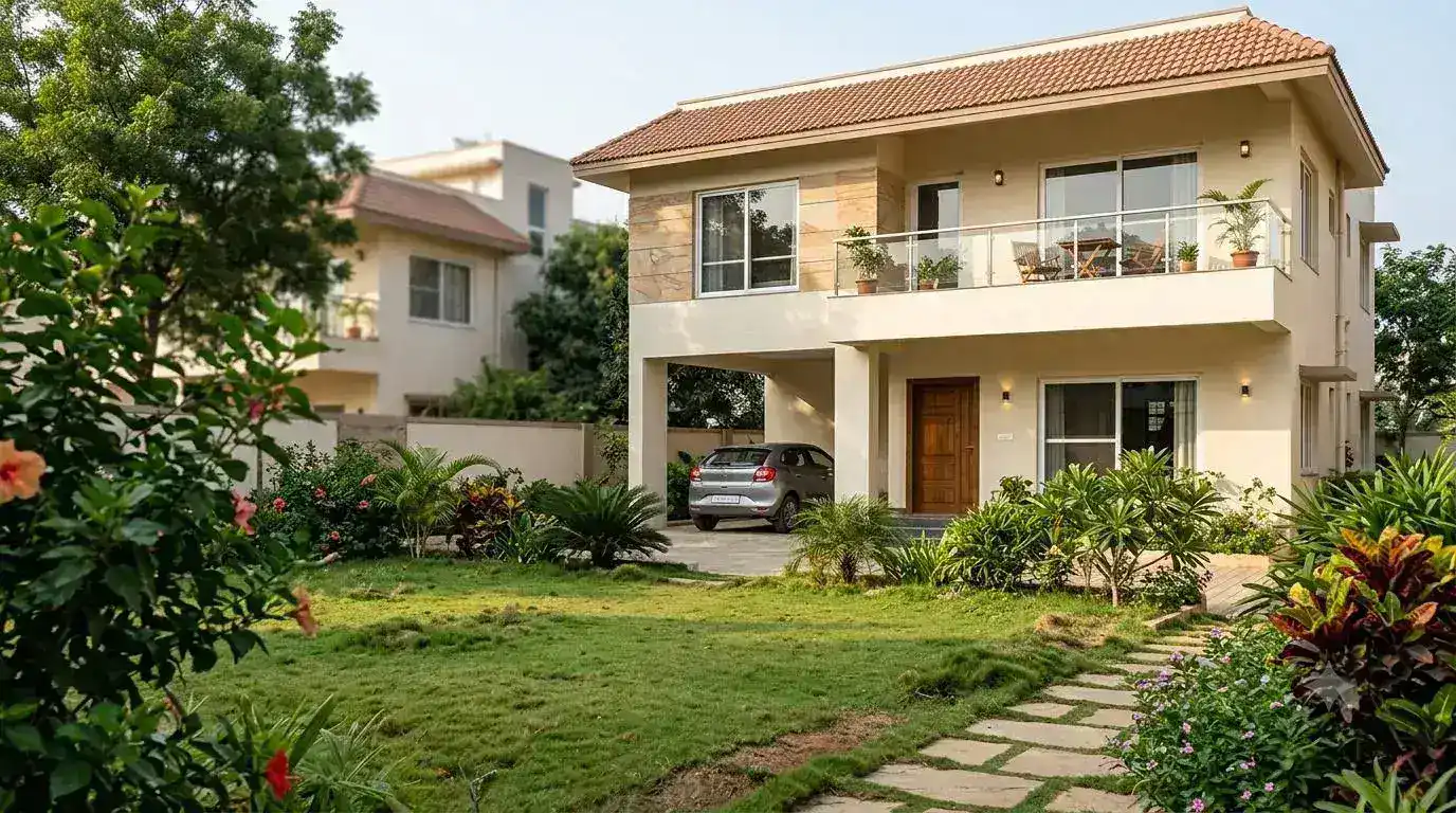 Beige villa for sale in Hyderabad with tiled roof, private garden and driveway