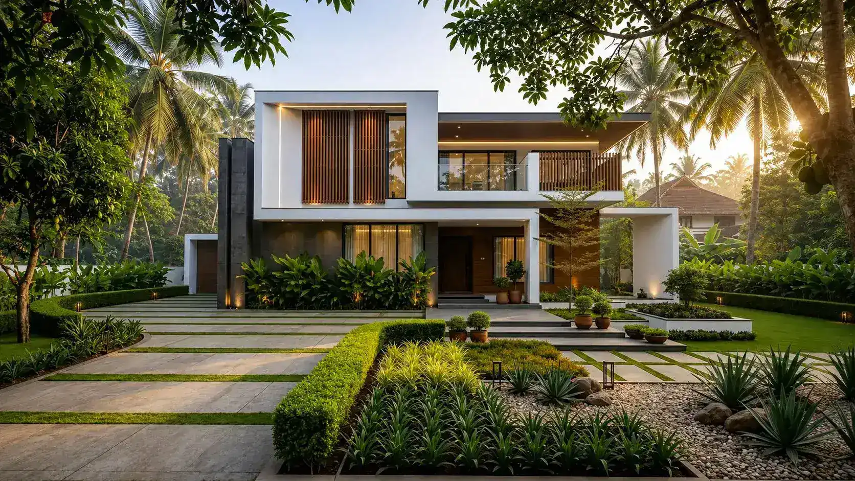 Modern white villa for sale in Hyderabad with wooden screens and palm-lined garden at dusk