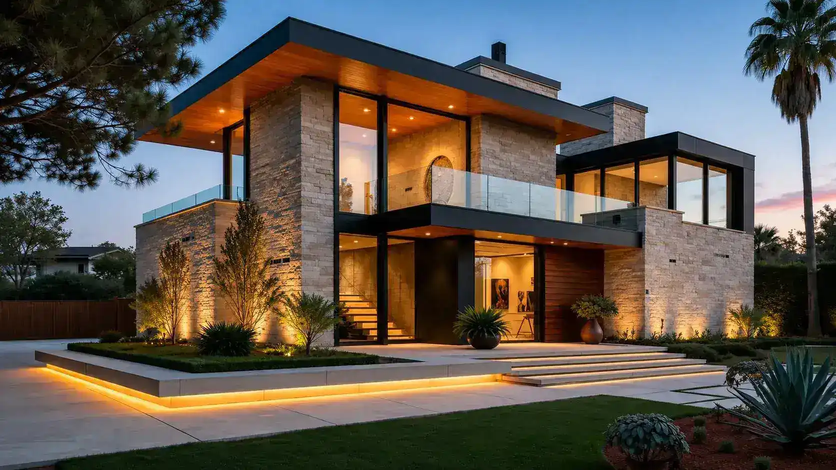 Stone-clad luxury villa for sale in Hyderabad with glass balconies illuminated at twilight